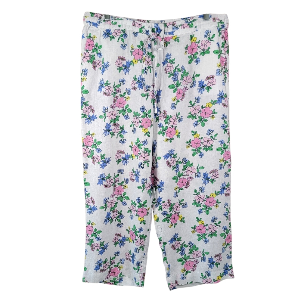 Charter Club 100% Luxury Linen Sz XL Floral Capri Pants Coastal Grandma EUC